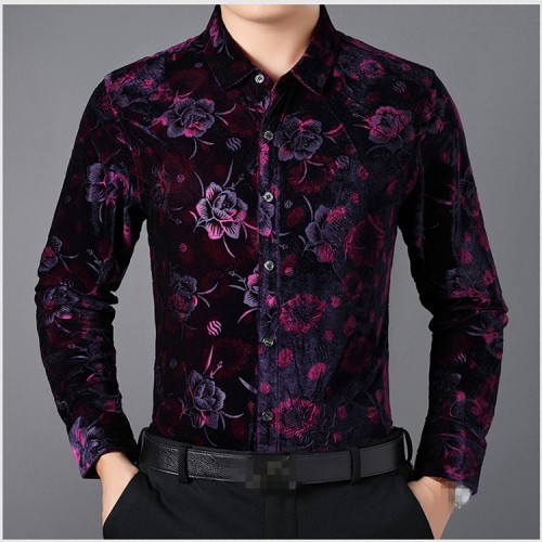 Men's ballroom latin dance shirts velvet floral stage performance competition professional waltz tango dance tops shirt